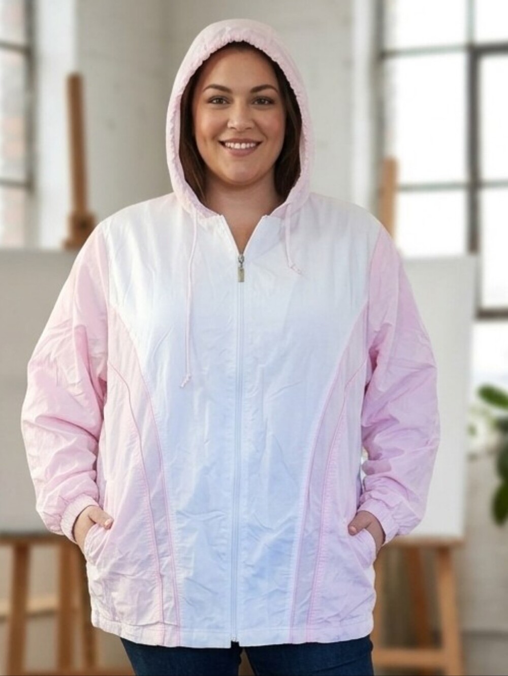 Pink and White Hooded Windbreaker Jacket Plus Size 22W/24W